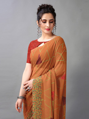 Fourleaf Geometric Print Bollywood Georgette Saree(Orange)