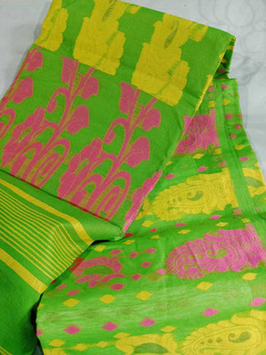 Soma Tant saree Mahal Self Design, Woven, Geometric Print Handloom Cotton Silk Saree(Light Green)