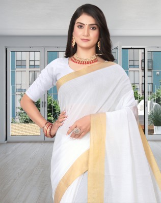 shree laxmi Woven Kasavu Pure Cotton Saree(White)