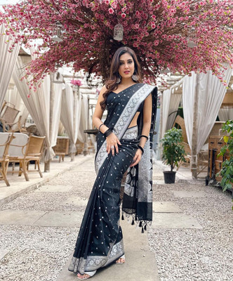 The Style Sanctuary Woven, Self Design, Embellished Banarasi Silk Blend Saree(Black)
