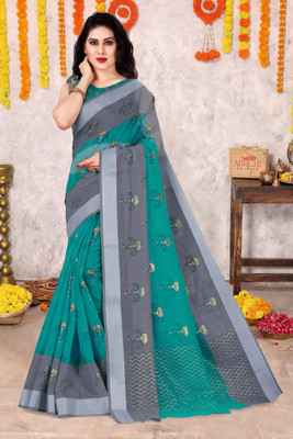 MIRCHI FASHION Embellished Bollywood Cotton Blend Saree(Green, Gold)