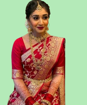 shinya Woven, Floral Print, Embellished, Self Design Banarasi Jacquard Saree(Pink)