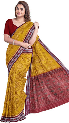handloom paridhaan Hand Painted, Self Design Handloom Pure Cotton Saree(Yellow, Maroon)