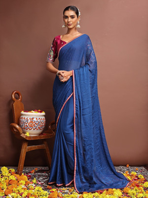 Dori Embellished Bollywood Chiffon Saree(Blue)