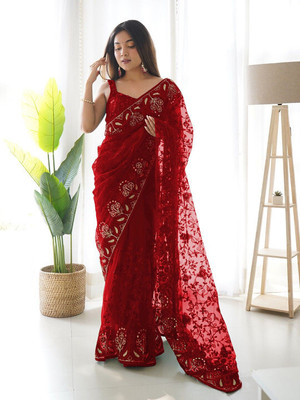 ANOUK Embroidered Saree with Attached Blouse Net Saree(Maroon)