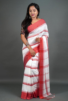 binita Self Design Handloom Cotton Blend Saree(White)