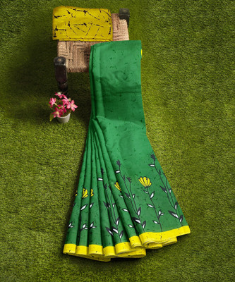 LOVWEAR Floral Print Daily Wear Pure Cotton Saree(Dark Green)