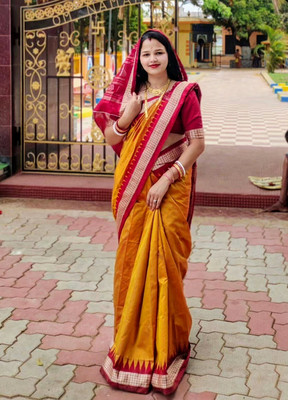 Sijileen Temple Border, Woven Sambalpuri Silk Blend Saree(Mustard)