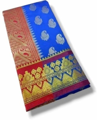 Nisi Textile Fancy sarees Woven, Temple Border Kanjivaram Silk Blend Saree(Blue)