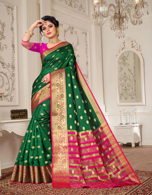 Sellzino Woven Banarasi Pure Silk, Cotton Silk Saree(Green)