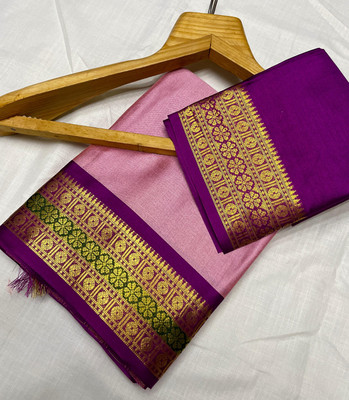 Paramparik Textile Temple Border Mysore Cotton Silk Saree(Purple)