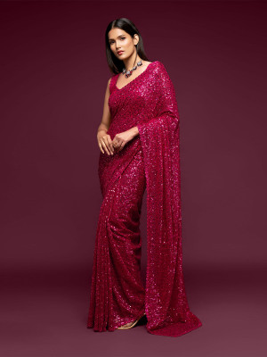 odette Embroidered Saree with Attached Blouse Georgette Saree(Pink)
