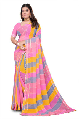 Pemal Designer Printed Leheria Georgette Saree(Multicolor)