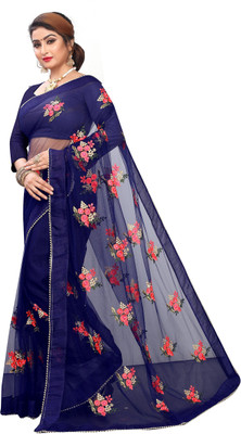 MYSTERY BOX Embroidered Bollywood Net Saree(Blue)