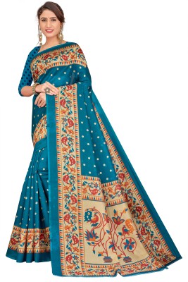 SVB Sarees Printed Assam Silk Art Silk Saree(Blue)