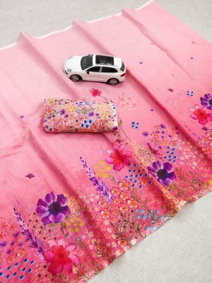 DRAVYA WOMEN Printed Handloom Cotton Linen Saree(Pink)