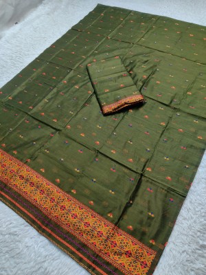 Skiran's Woven Mekhela Chador Cotton Blend Saree(Dark Green)