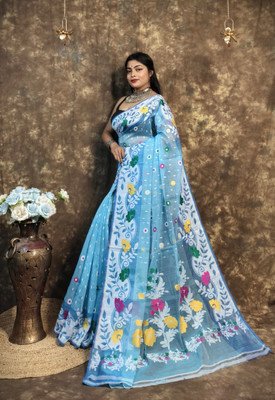 Rnn Saree Embroidered Jamdani Cotton Silk Saree(Light Blue)
