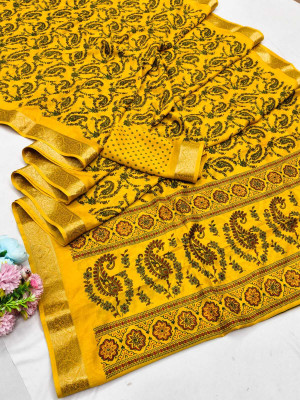 TALADARA Paisley, Printed, Temple Border, Woven Bollywood Cotton Silk Saree(Yellow)