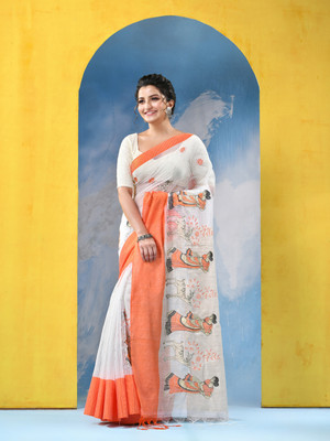 Desh Bidesh Self Design Tant Handloom Pure Cotton Saree(Orange, White)