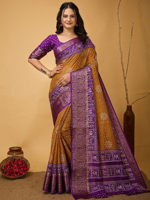 Anouk Rustic Printed Patola Silk Blend Saree(Mustard)