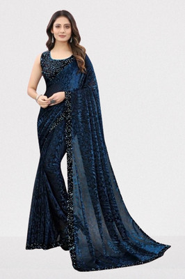 Vragi Floral Print Bollywood Lycra Blend Saree(Blue)