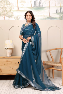 RJTAJ FAB Solid/Plain, Embroidered Bollywood Georgette Saree(Blue)