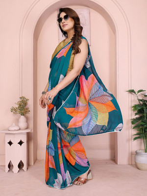 ANOUK Printed Saree with Attached Blouse Georgette Saree(Green)
