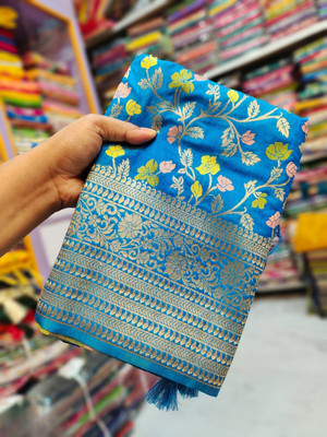 Pashmina Floral Print Saree with Attached Blouse Khadi, Pure Silk Saree(Blue)