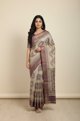 Fabloom Floral Print, Printed, Solid/Plain Handloom Tussar Silk Saree(Purple)