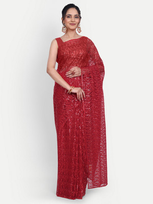 lts label tripti saxena Embroidered Leheria Net Saree(Red)