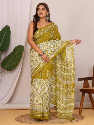 Shiv Shakti Emorium Printed Daily Wear Pure Cotton Saree(Green)