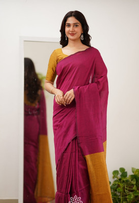 HouseOfCommon Solid/Plain Handloom Cotton Blend Saree(Pink, Mustard)