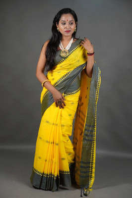 Roy saree center Woven, Temple Border Handloom Pure Cotton Saree(Yellow, Green)