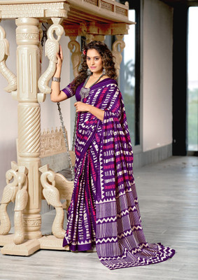 Rudra Printed Saree with Attached Blouse Cotton Blend Saree(Purple)