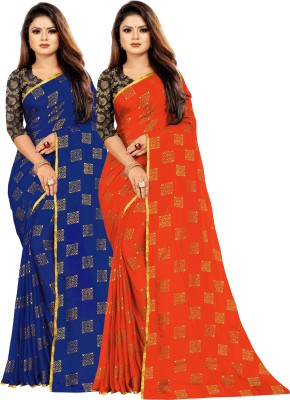 RHEY Printed Bollywood Chiffon Saree(Pack of 2, Blue, Orange)