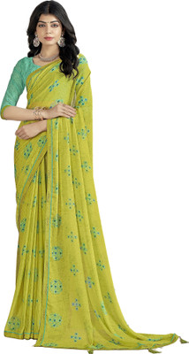 INDONIQ Printed Bollywood Chiffon, Lace Saree(Light Green)