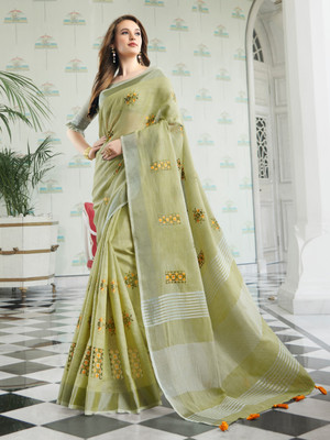 Divastri Embroidered Handloom Linen Saree(Green)
