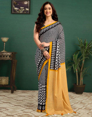 VIYANE ENTERPRISE Printed Ikkat Pure Cotton Saree(Yellow, Black)