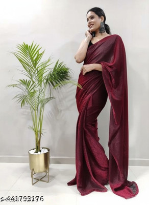HouseOfCommon Solid/Plain Bollywood Lycra Blend Saree(Maroon)