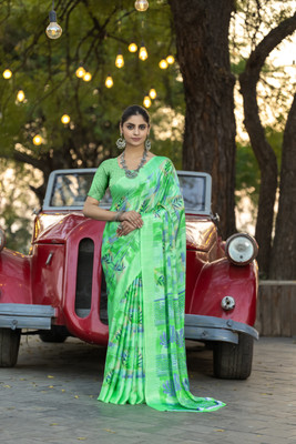 Anmi Printed Daily Wear Crepe Saree(Light Green)