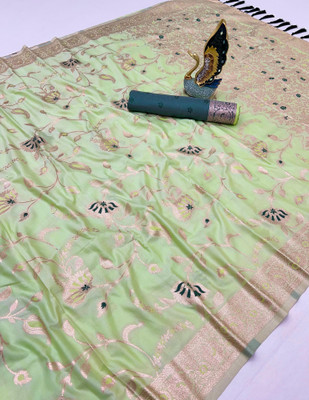 PANZORA Woven Banarasi Cotton Silk Saree(Light Green)