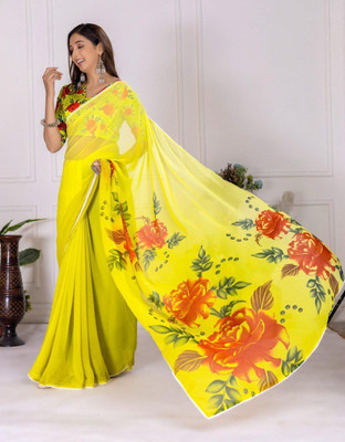 Laxmi Fashion Printed, Floral Print Assam Silk Jacquard, Cotton Silk Saree(Yellow, Red)