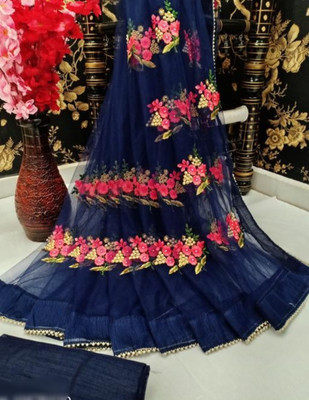 vallavi fashion Embroidered Bollywood Net Saree(Blue)