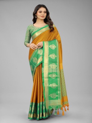 Julee Self Design Banarasi Cotton Silk Saree(Green)