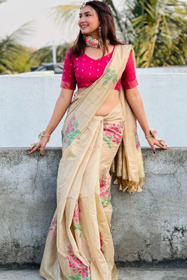 ROOP LAVANYA Woven Kanjivaram Cotton Linen, Jacquard Saree(Beige)