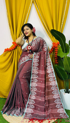 PARTHA BISWAS Self Design Handloom Cotton Blend Saree(Brown)