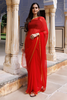 HouseOfCommon Solid/Plain Bollywood Chiffon Saree(Red)