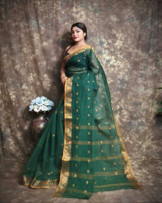 TANTSHREE Self Design Tant Pure Cotton Saree(Green)