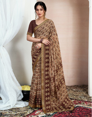 Samah Geometric Print, Printed, Embellished Bollywood Chiffon, Georgette Saree(Brown)
